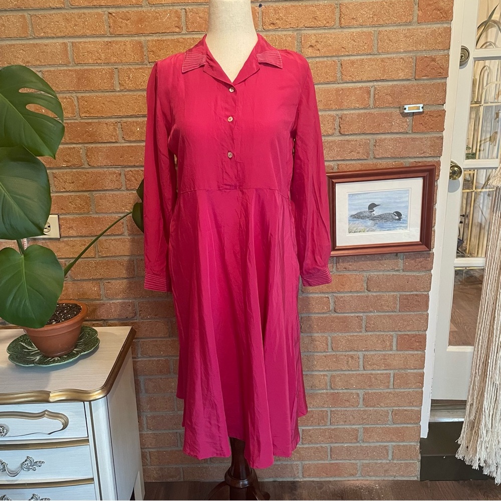 Vintage Hot Pink Silk Collard Dress Size Medium
